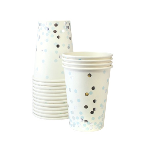 The Blue Confetti paper cups by Paper Eskimo feature soft blue and silver confetti spots on a white party cup.