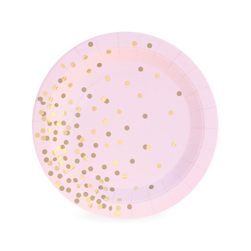 The Pink Confetti Dessert Plates by Paper Eskimo feature a pink background with gold confetti styles