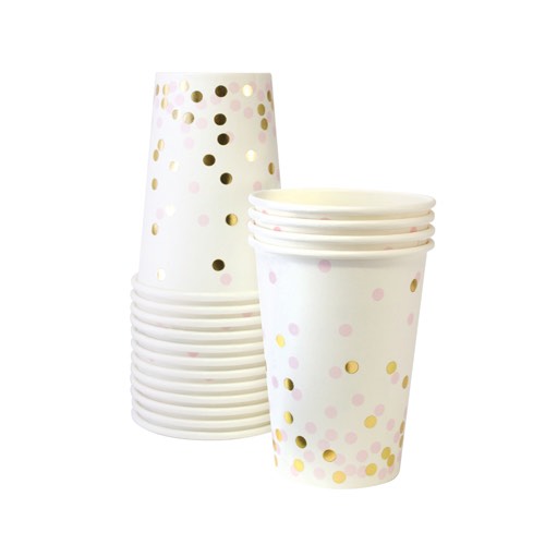 The Pink Confetti Paper Cups by Paper Eskimo look pretty with their pink and gold confetti design