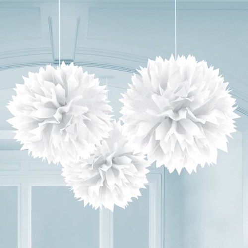 White fluffy hanging decorations by Amscan are stylish tissue paper pom poms for your event.