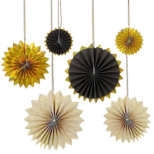 Black & Gold Pinwheel Decorations by Meri Meri available in NZ.