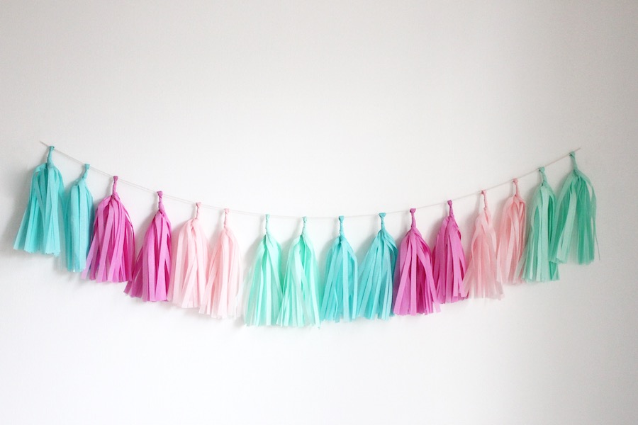 The Candy Shoppe tassel garland mixes lovely blue and pink tassels
