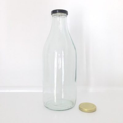 1L Glass bottles with lids for storing milk, juice and sauces.