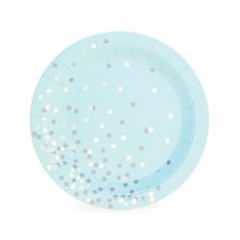 The Blue Confetti Dessert Plates feature a stylish pastel blue background with silver confetti spots.