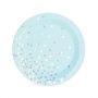 The Blue Confetti Dessert Plates feature a stylish pastel blue background with silver confetti spots.