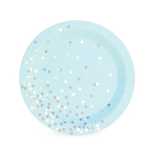 The Blue Confetti Dessert Plates feature a stylish pastel blue background with silver confetti spots.