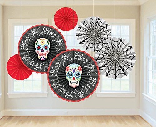 The Blood and Bone Hanging Paper Fans are perfect for your Day of the Dead party!