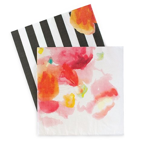 The Floral Escape paper napkins feature a pink floral watercolour design with a black and white stripe print.