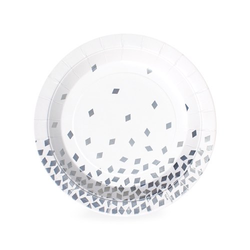 The Geo Silver Sundae range by Paper Eskimo features geometric silver confetti and silver stripes with white.