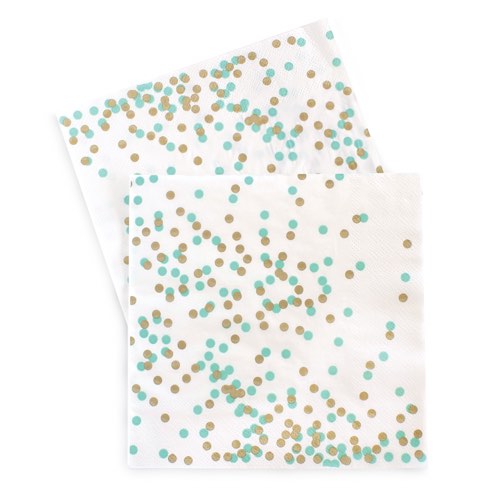 The Mint Confetti paper napkins feature mint and gold confetti spots on a 3ply white serviette