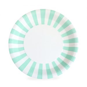 The Mint To Be Paper Plates by Paper Eskimo feature a stunning mint and white stripe.