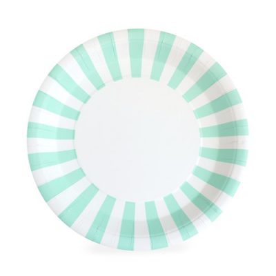 The Mint To Be Paper Plates by Paper Eskimo feature a stunning mint and white stripe.