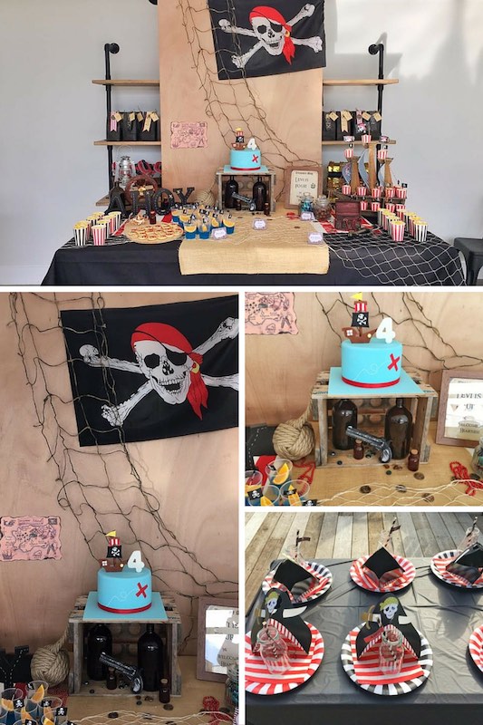 Pirate party ideas for the birthday cake and party table.