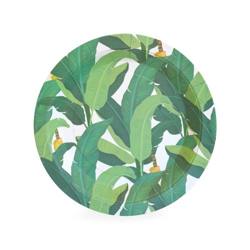 The Troppo Leaf dessert plates by Paper Eskimo feature a leafy green print.