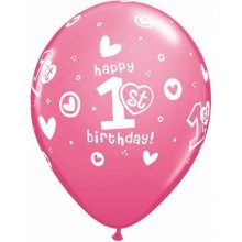Pink 1st Birthday Circle Hearts Girl Balloons