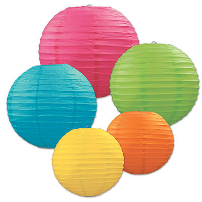 Paper Lantern Assortment in bright pink, blue, green, orange and yellow.