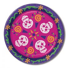 Day of the Dead paper plates featuring sugar skulls on a bright background.