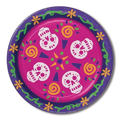 Day of the Dead paper plates featuring sugar skulls on a bright background.