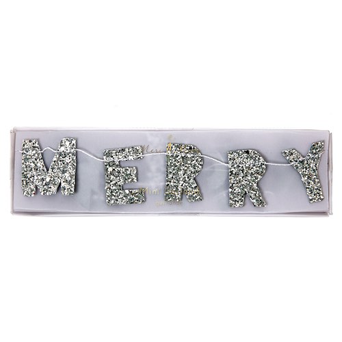Mini Merry Christmas Garland by Meri Meri in glittery silver.