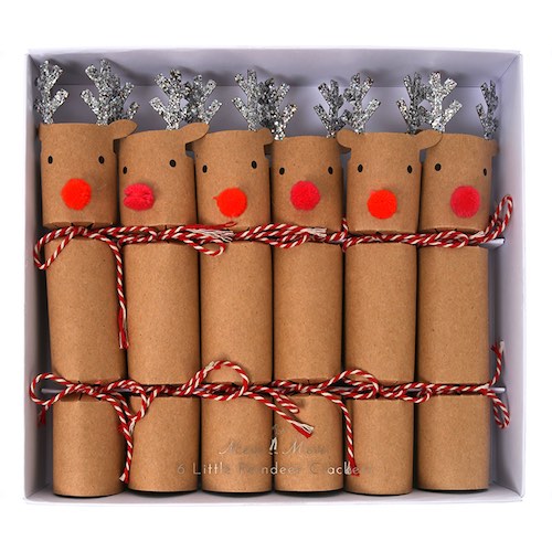 Mini reindeer crackers by Meri Meri including tattoos, jokes and hats.