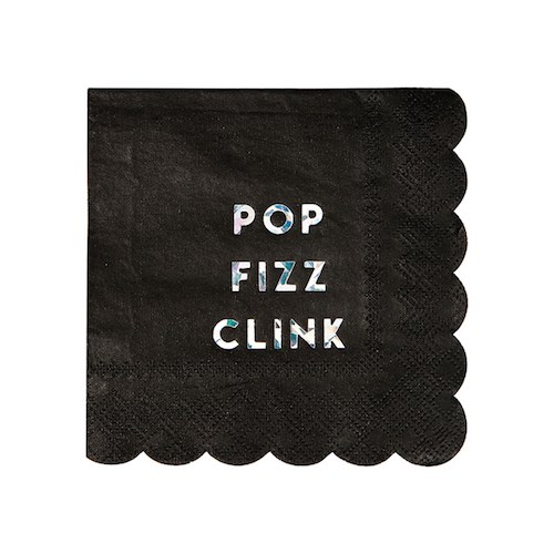 Black Pop Fizz Clink napkins by Meri Meri are perfect for your New Years Eve celebrations.